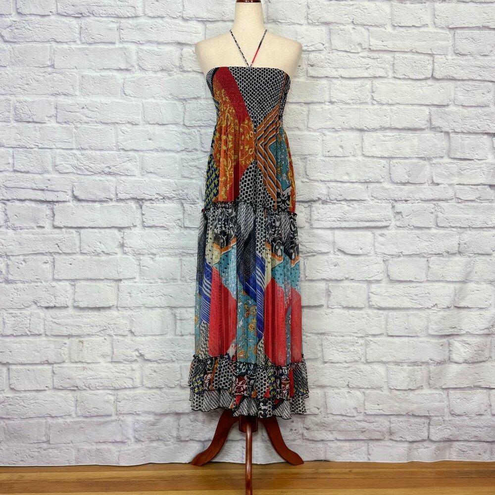 Lapis Mesh Patchwork Print Tiered Halter Dress - image 1